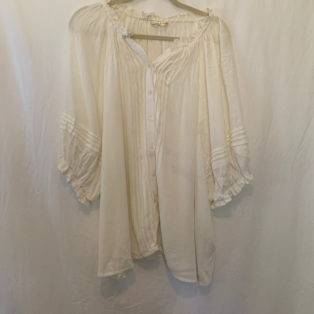 Off-White Pintuck Crinkle Blouse L Flowy Boho Romantic Ruffle Sleeve Top